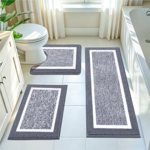 Pauwer 3-Piece Non-Slip Microfiber Bathroom Rugs Set Dark Grey 18x26, 18x48 & U 20x24