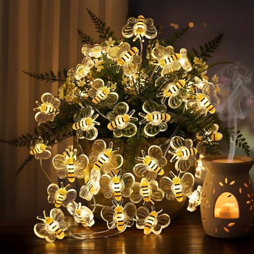 Bee Decor String Lights 10ft String Light with 30pcs Honeybee Shaped Led Bulb Battery Operated Fairy Lights for DIY Indoor Bedroom Party Wedding Patio Christmas