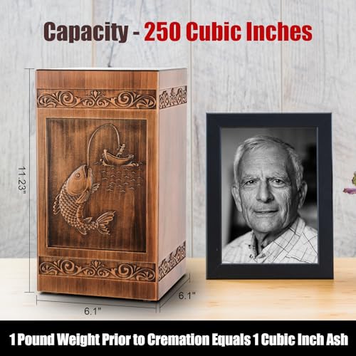 Wooden Cremation Urn for Ashes - Adult Male Female Fishing Variation, Holds 250 Cubic Inches