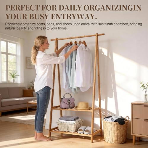 Finnhomy Bamboo Clothes Rack Portable Extra Large Garment Organizer with 2-Tier Shelves