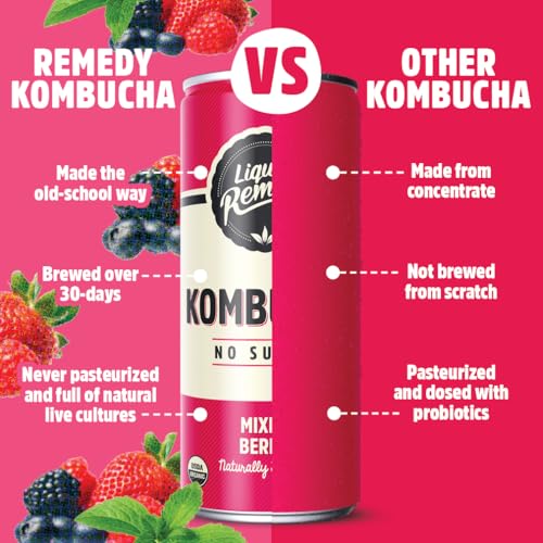Mixed Berry Sugar-Free Organic Kombucha Drink 8.5 Fl Oz Can 24 Pack - Gut Health Probiotic Tea
