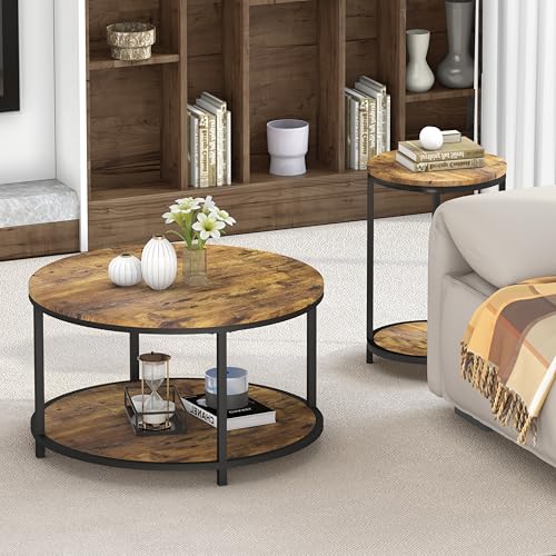 NSdirect Small Round Coffee Table 27.6-Inch 2-Tier Rustic Wood Home Furniture Brown Variation