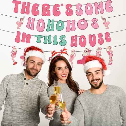 Gameza Friendsmas Christmas Party Decorations - 4PCS There's Some Ho Ho Hos in This House Christmas Banner Pink Naughty Christmas Decorations Party Holiday Santa Claus Xmas Party Decor Supplies No DIY
