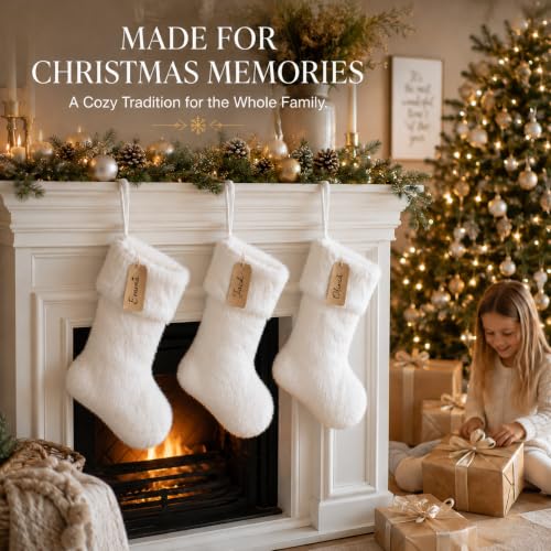 AOGU 3 Pack 18in Snowy White Faux Fur Christmas Stockings - White Hanging Stockings