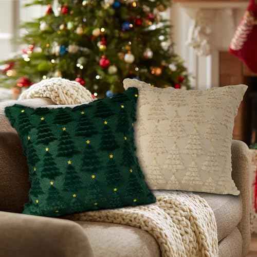 Lanpn Christmas 18x18 Throw Pillow Covers Set of 2, Winter Star Chrismas Tree Throw Pillow Cases Soft Plush Faux Fur Wool 18 x 18 Winter Cushion Cover for Indoor Home Bedroom Couch Sofa Decor (Beige)