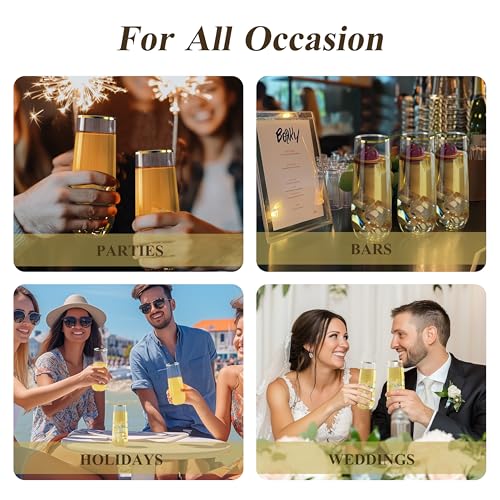Bestluck 48 Pack 9 oz Disposable Plastic Champagne Flutes Gold Rim for Parties