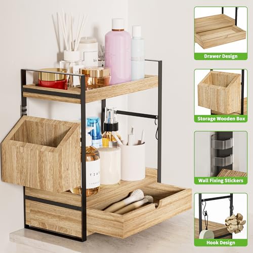 Aollewoiti Light Brown 2-Tier Bathroom Counter Organizer with Drawer & Basket