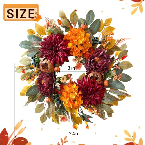 24-Inch Autumn Fall Wreath for Front Door - Realistic Artificial Fall Decorations