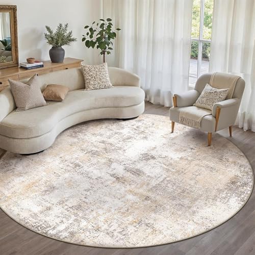 Beige Grey Abstract Round Rug - Low Pile 8ft Indoor Floor Covering with Non-Slip Backing