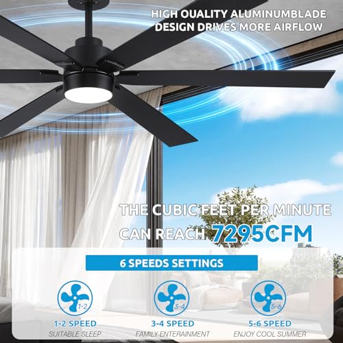 Black 66 Inch Outdoor Ceiling Fan with Light & Remote - Damp Rated