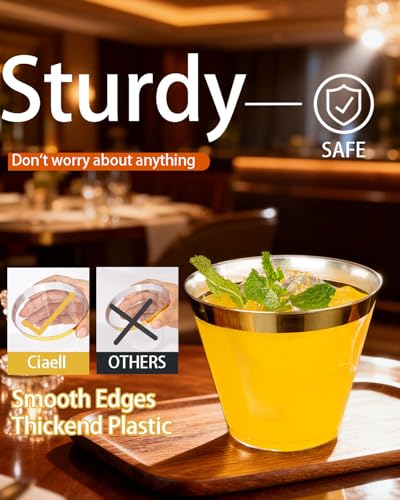 Ciaell 300 Pack Gold Rimmed Plastic Cups 9oz Disposable Party & Wedding Cups