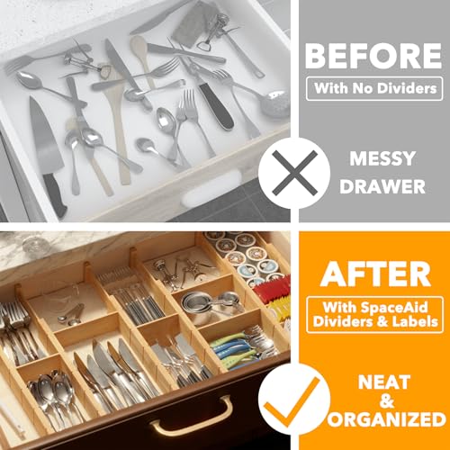 SpaceAid Bamboo Drawer Dividers with Labels, Adjustable Expandable Organizer, 7 Dividers with 15 Inserts, Natural 17-22 inch