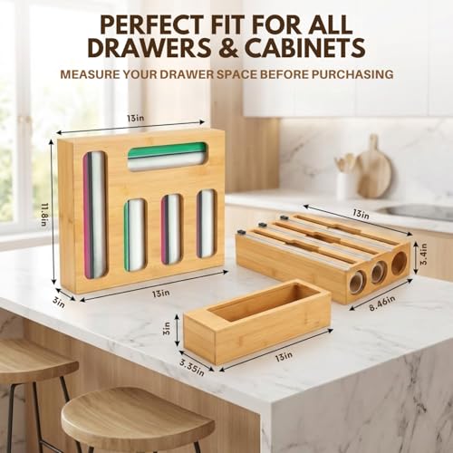 9-in-1 Bamboo Drawer Organizer for Food Wraps & Storage Bags with Cutter