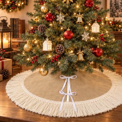 Mini Burlap Christmas Tree Skirt 24 Inch with Tassels – Small Fall Rustic Linen