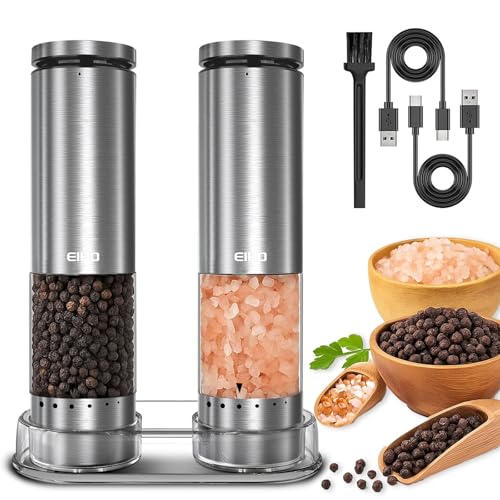 Rechargeable Electric Salt and Pepper Grinder Set with Storage Base - Stainless Steel & Clear Body