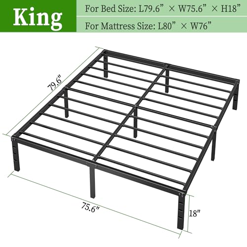 King Size Metal Platform Bed Frame 18 Inch Heavy Duty Steel Support No Box Spring Needed Black - Easy Assembly & Underbed Storage