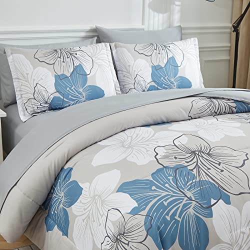 Queen Size Blue Floral Comforter Set with Sheets - 7 Pieces Bedding in a Bag