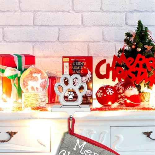 Hooqict 3D Dog Paw Christmas Stocking Holder with Pendant for Mantel Silver Metal Pet Paw Fireplace Decorations Stocking Holder Christmas Stocking Hanger for Christmas Decorations Xmas Holiday Supplie