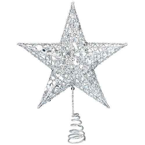 Resinta 8 Inch Metal Glittered Christmas Tree Topper Hallow Wire Star Topper for Christmas Tree Ornament (Silver)