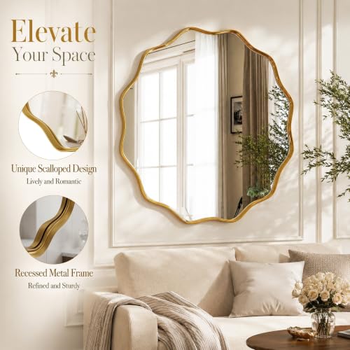 VooBang 24-Inch Gold Scalloped Wavy Edge Round Wall Mirror - Vintage Style
