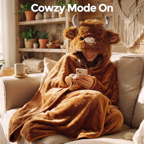 Wearable Highland Cow Blanket Hoodie - Soft Fleece & Sherpa, One Size