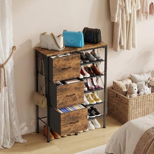 6-Tier Shoe Rack Organizer with 3 Fabric Drawers and Hooks - Entryway & Closet Storage