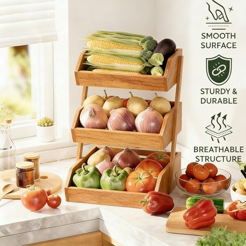3-Tier Fruit & Vegetable Basket Organizer - Natural Bamboo Kitchen Storage with Removable Banana Hooks