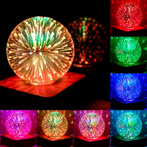 3D Fireworks Glass Ball Night Light - 7-Color Changing Table Lamp with Wooden Base | HOWORR