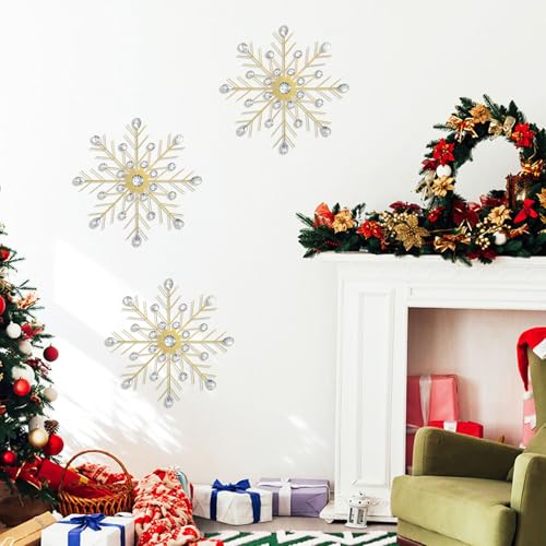 Gold 3-Piece Snowflake Starburst Wall Decor Set - 13.5in Crystal Rhinestone Metal Art