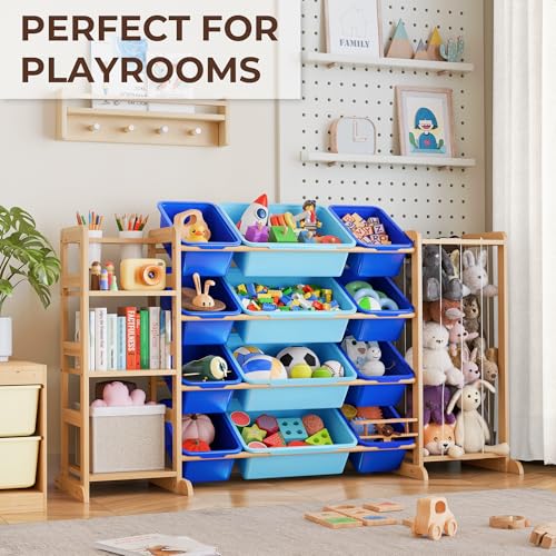 Kids Toy Storage Organizer with Bookshelf & 12 Bins - Blue, 55.2" Wide, 3 Shelves & Toddler Playroom Storage