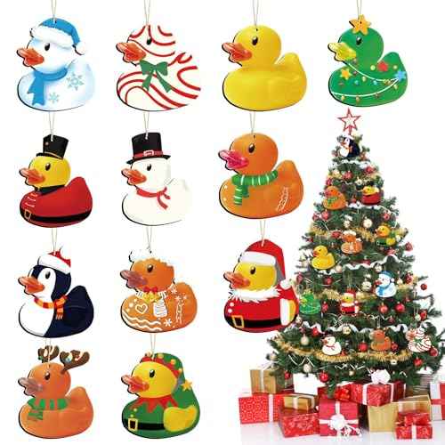 48 Pcs Christmas Wooden Duck Ornament Holiday Duck Tree Xmas Hanging Ornament Santa Snowman Christmas Characters Duckies for Xmas Tree Party Themed Decoration