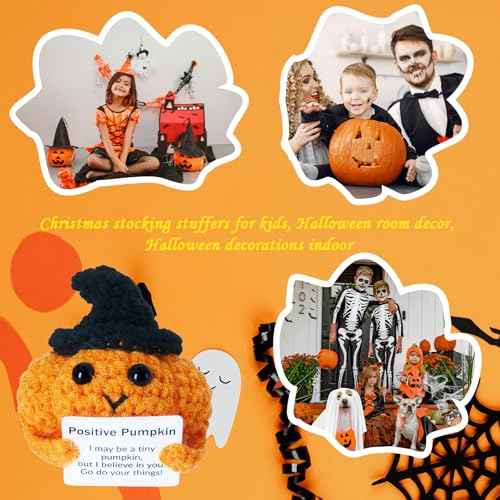 Halloween Positive Pumpkin Emotional Support Crochet Doll Decor Halloween Basket Stuffer for Women Men Funny Handmade Hat Pumpkin Doll Christmas Stocking Stuffers for Girls Boys Party Decoration