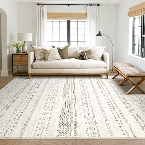 Kakania 8x10 Washable Area Rug - Boho Geometric Home Decor, Brown, Non-Slip, Machine Washable, Low-Pile for Living Room