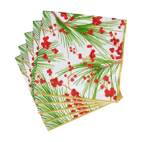 Caspari Christmas Berries and Pine Paper Luncheon Napkins - Holiday Party Supplies, 20 Pack