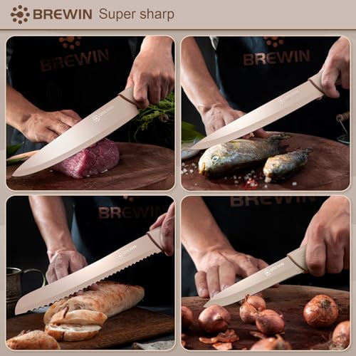 Khaki Brewin Kitchen Knife Set with Block - Complete Professional Cutlery