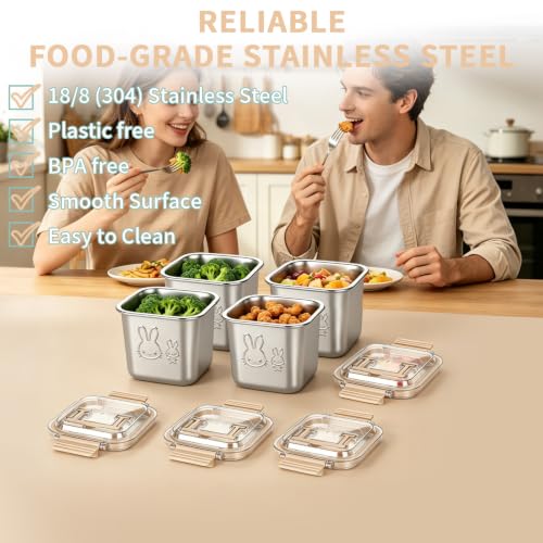 Stainless Steel Lunch Box Set with Handle Lids - 4 Pack, Leakproof, 850ml, Reusable Food Containers with Rabbit Print