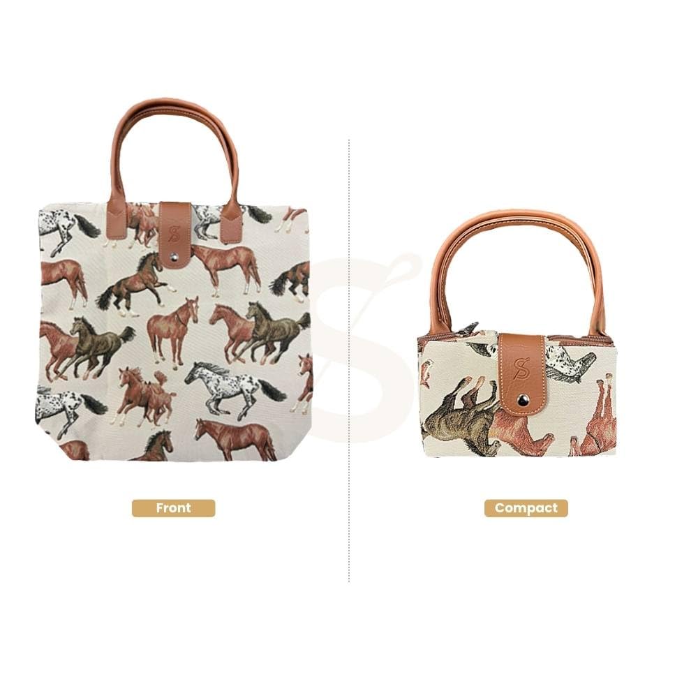 Signare Tapestry Foldable Tote Bag Reusable Shopping Bag Grocery Bag With Running Horse (FDAW-RHOR)