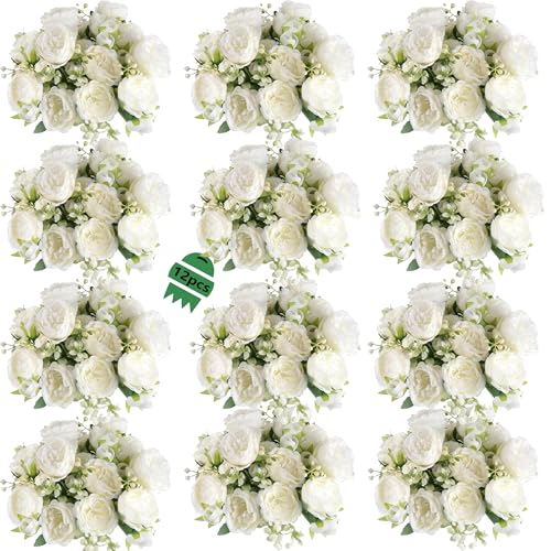 Artificial Peonies Flowers Bouquets - White, 12 Stems for Home & Wedding Decor - Variation of THIS listing
