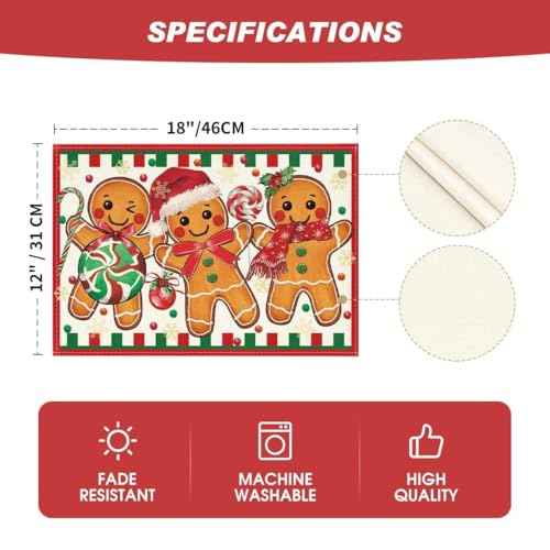 Artoid Mode Gingerbread Candy Cane Christmas Placemats Set of 4, 12x18 Inch Seasonal Table Mats for Party Kitchen Dining Decoration