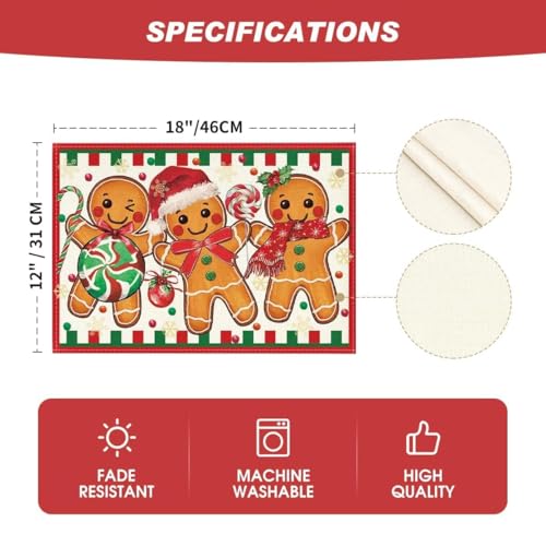 Artoid Mode Gingerbread Candy Cane Christmas Placemats Set of 4, 12x18 Inch Seasonal Table Decor