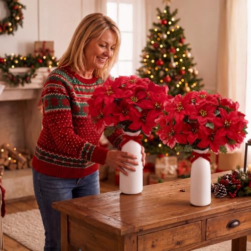 Yuefunny 2-Piece Red Christmas Poinsettia Picks with White Vase - Holiday Decor