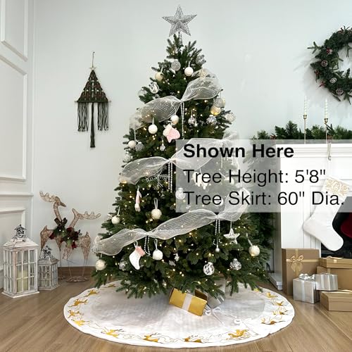 Ivory 60-Inch Velvet Christmas Tree Skirt with Gold Reindeer & Santa Embroidery, Lace Ties