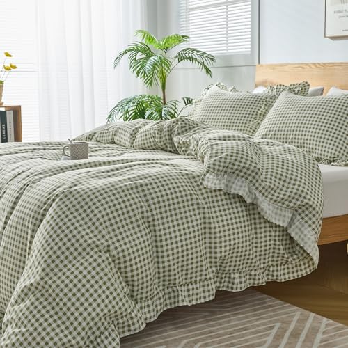 Kisswish Sage Green Queen Gingham Duvet Cover Set with Pillow Shams, Vintage Farmhouse Style