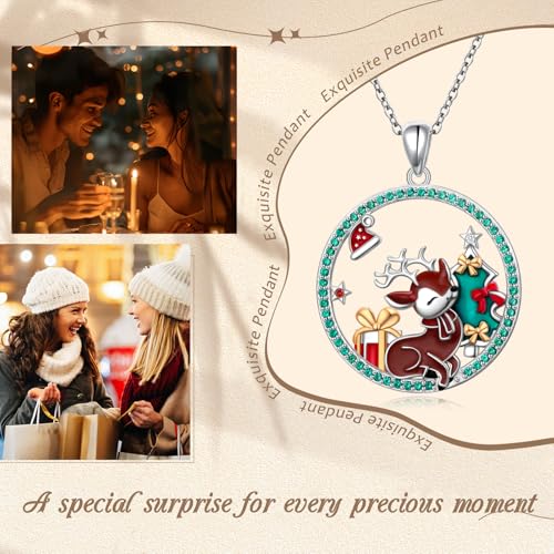 Silver Reindeer Pendant Necklace for Women - 925 Sterling Silver Christmas Jewelry