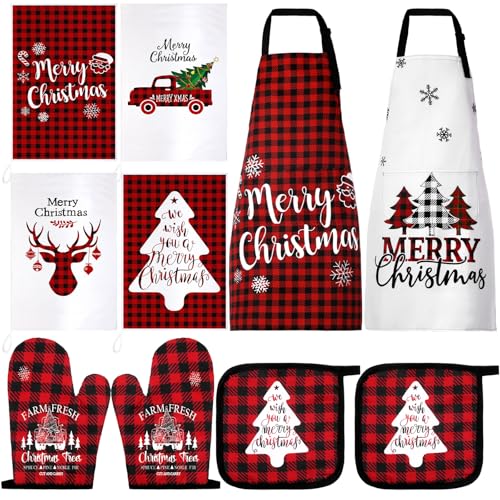 Geetery Christmas Kitchen Towel Set with Oven Mitts Pot Holders & Apron - Red & Black Plaid