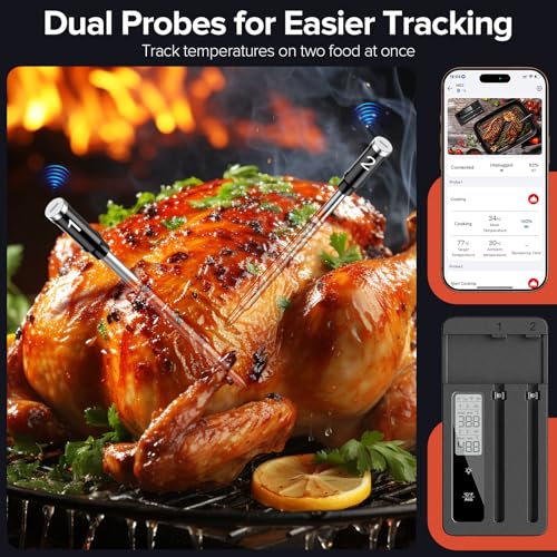 ROUUO Gray Wireless Meat Thermometer with 2 Probes, WiFi & Magnetic Base