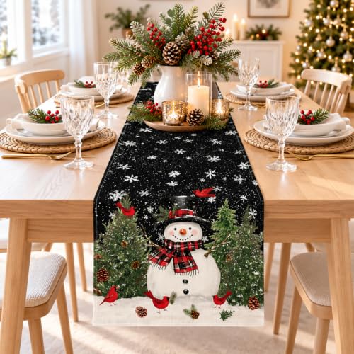 Black Snowman Xmas Tree Christmas Table Runner 13x72in Birds Snowflakes