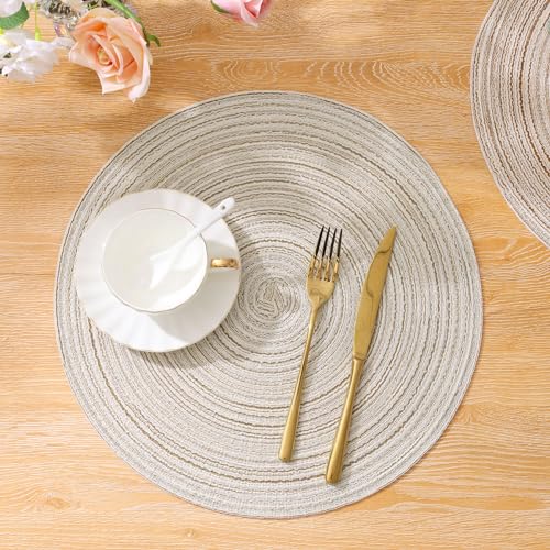 SHACOS Ivory Set of 6 Round Braided Placemats 15 Inch Washable Table Mats for Dining
