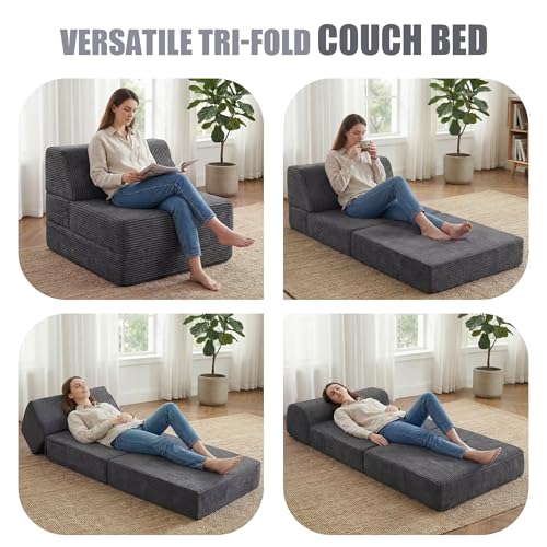 Grey Folding Sofa Bed with Pillow - Convertible Memory Foam Floor Couch for Living Room & Dorm