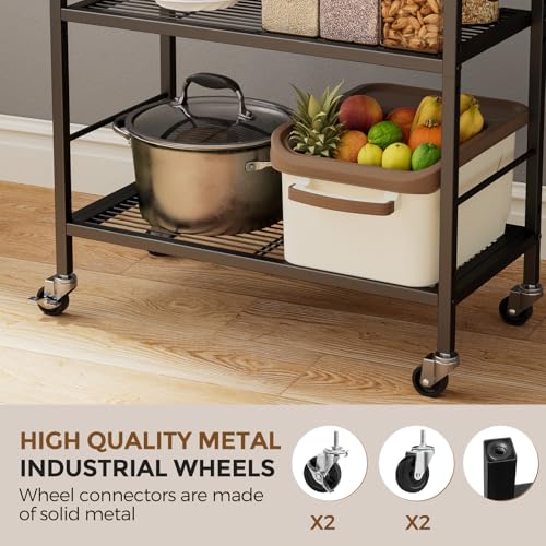 Brown 3-Tier Metal Storage Rack with Wheels & Wooden Top, Adjustable Shelves, 23.6W